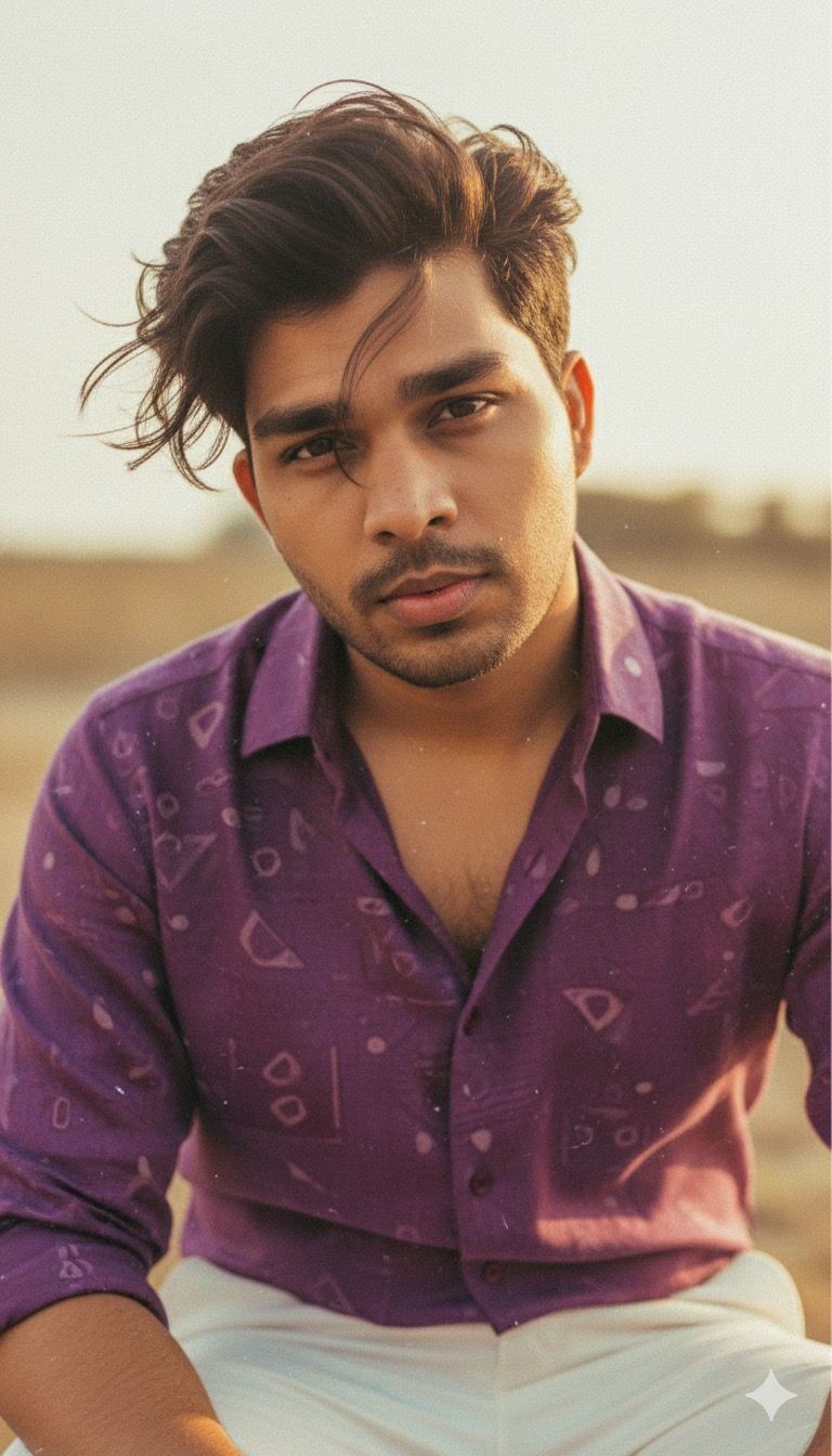 Retro Vintage inspiral with wavy hair and purple shirt