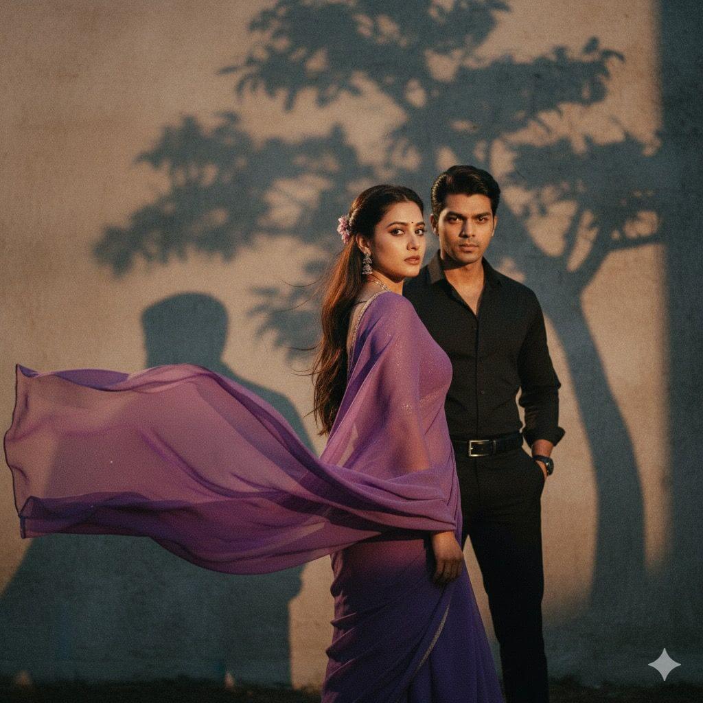 Best couple cinematic pose with purple saree and black shirt 
