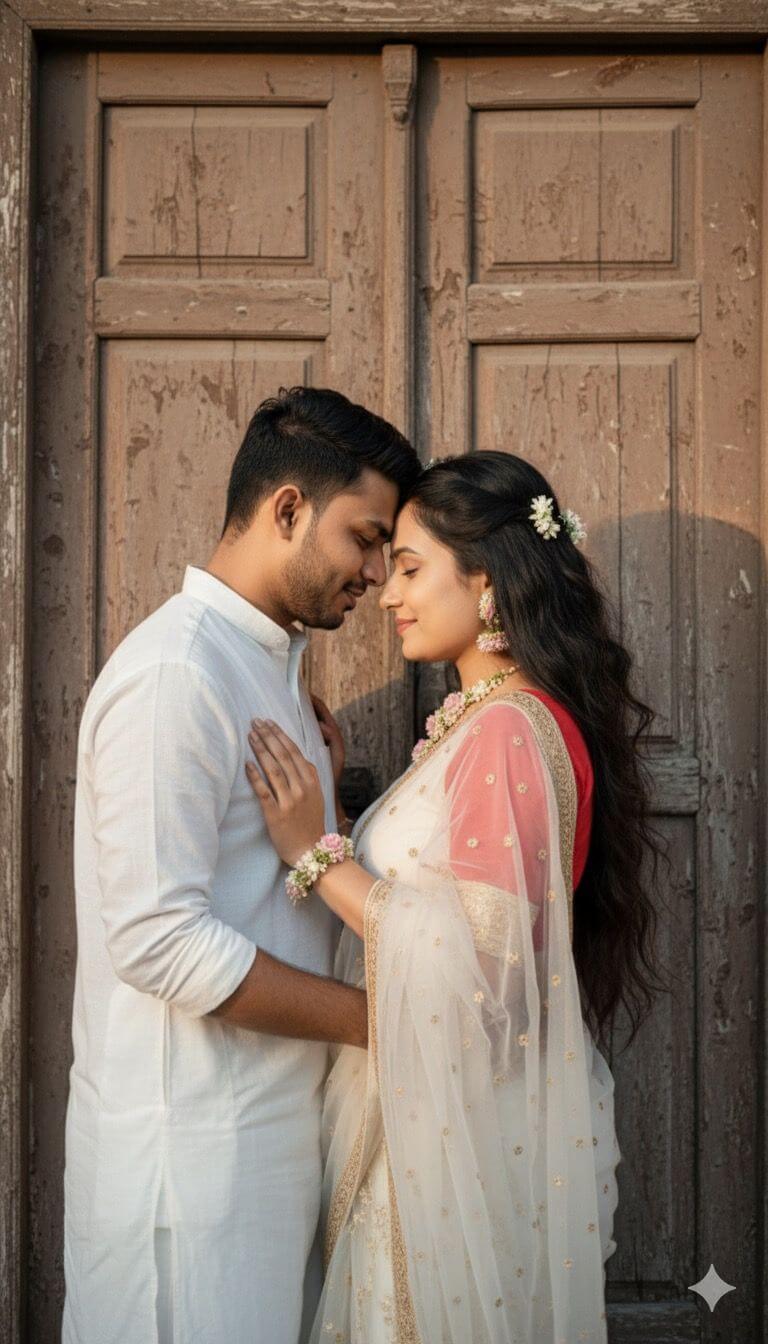 Cute couple looking each other with kurta and saree wear
