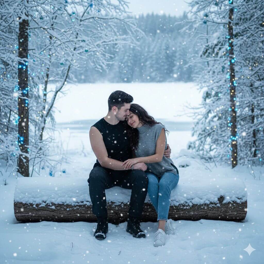Romantic Winter Couple in Snowy Forest