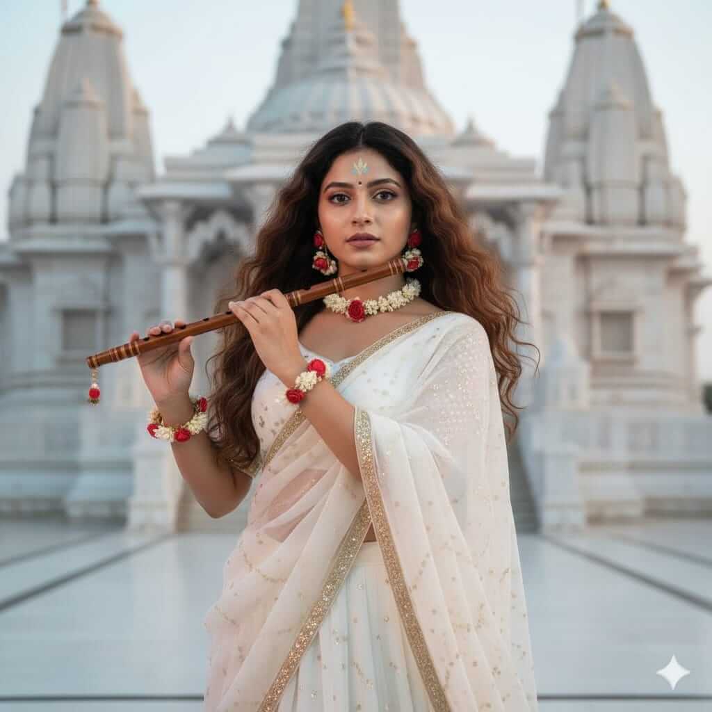 Radha in White-Yellow Lehenga at Prem Mandir – Ultra-Realistic 4K Portrait