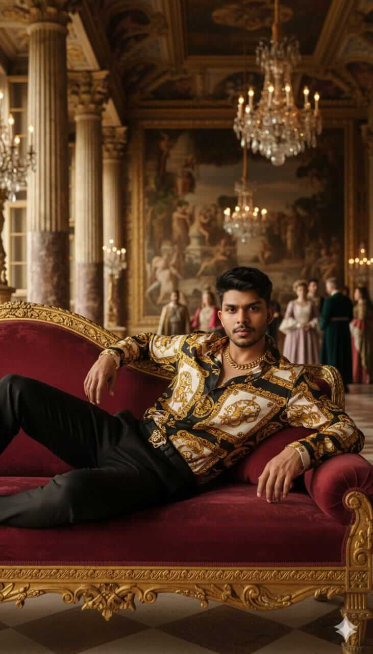 Hyper-Realistic Portrait of Man Reclining in Renaissance Palace at Golden Hour