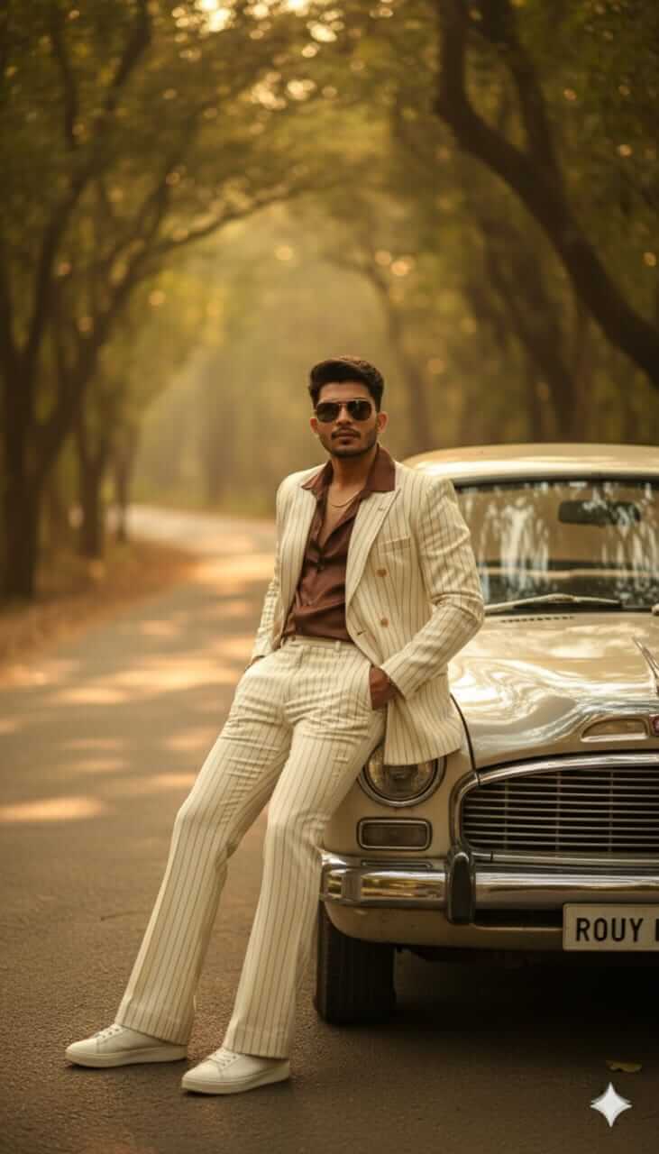Retro Bollywood Mafia Portrait of Man Sitting on Classic Car Hood