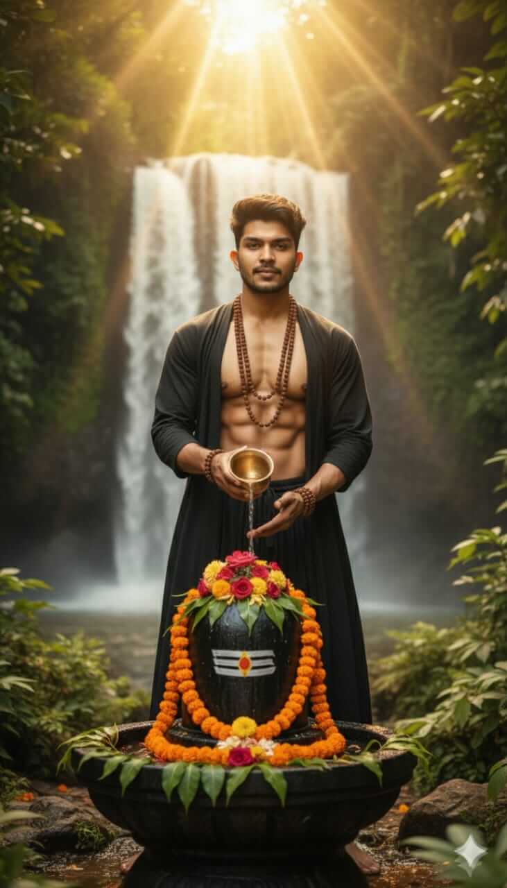 Divine Abhishek by Shivling in Jungle Waterfall
