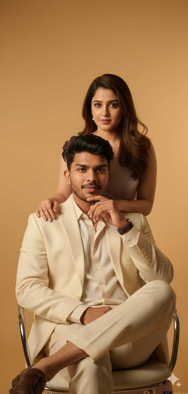 Elegant Studio Portrait of Couple with Golden Gradient