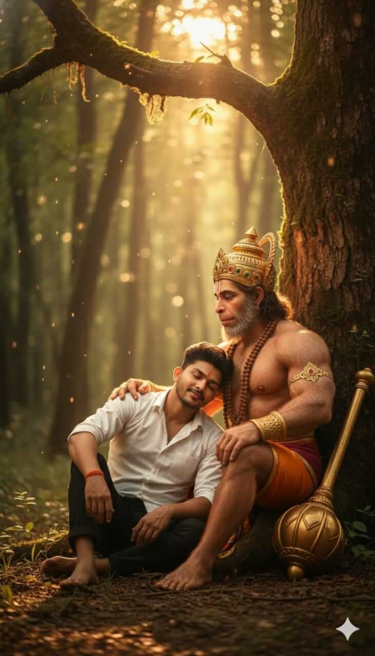 Divine Moment: Sitting with Lord Hanuman in a Golden Forest, Head Gently Blessed