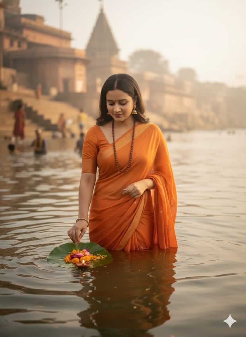 Serene Morning Ritual: Woman in Orange Saree at Kashi Vishwanath Ghat with Floating Diya