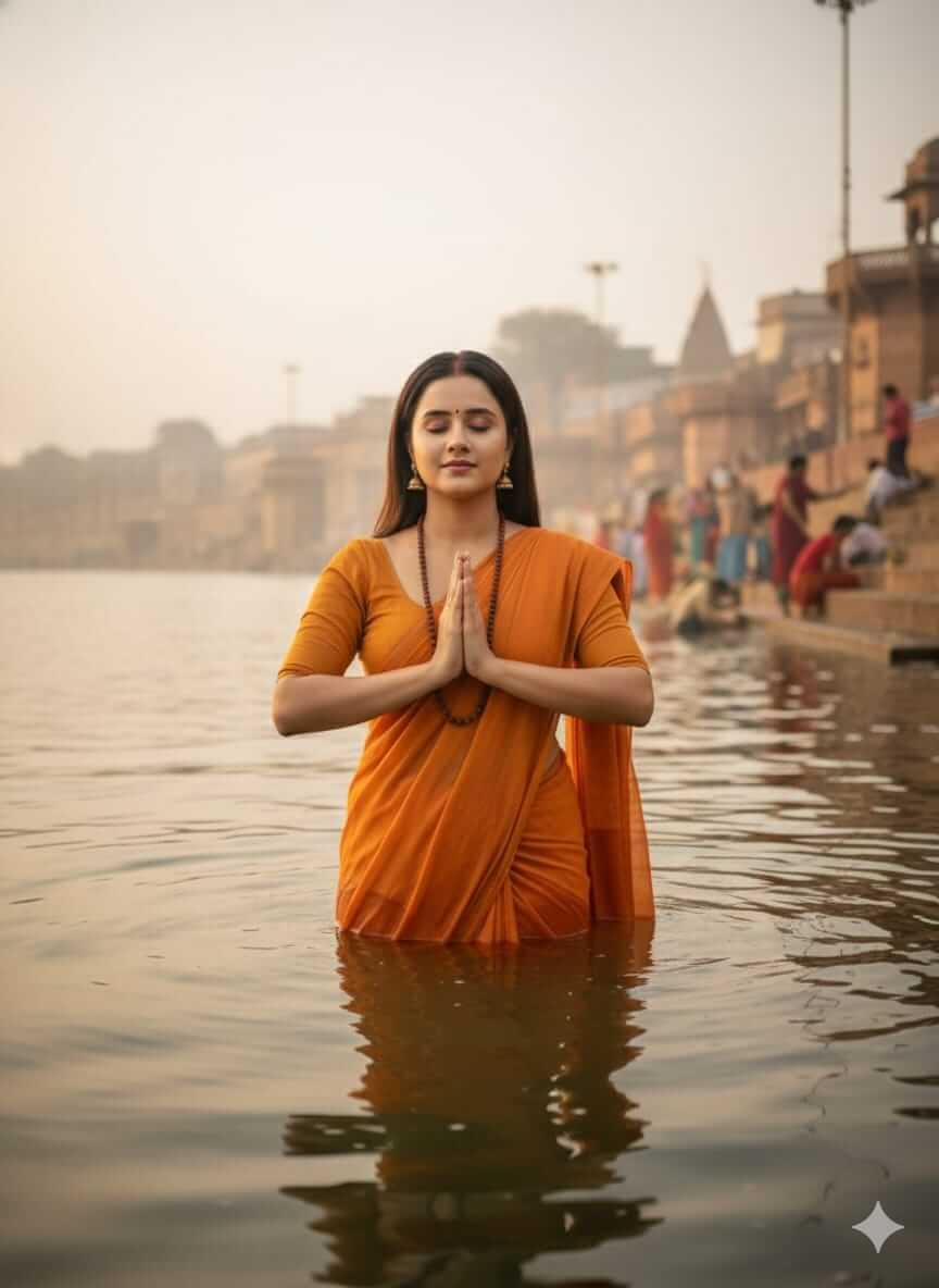Morning Devotion at Kashi Ghat: Woman in Orange Saree Praying in the Ganga
