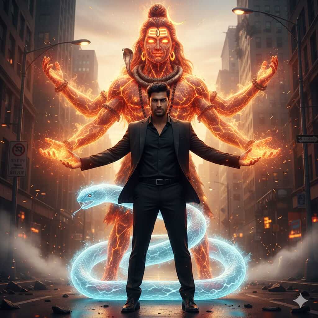 Divine cinematic showdown: man in black suit with fiery Shiva manifestation behind