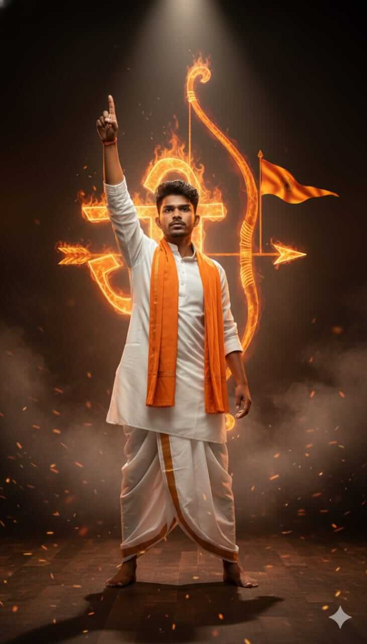 Epic full-body portrait of young Indian man in dhoti-kurta, dramatic fiery studio lighting.
