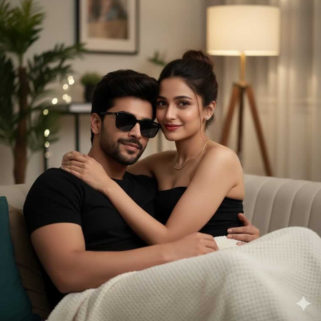 Cinematic living room portrait of couple reclining on couch, faces from uploaded photos,