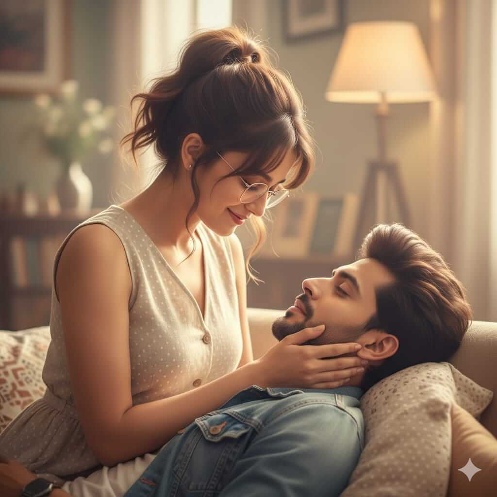 Cozy 8K cinematic indoor portrait of a couple, faces from uploaded photos, woman cradling man's face