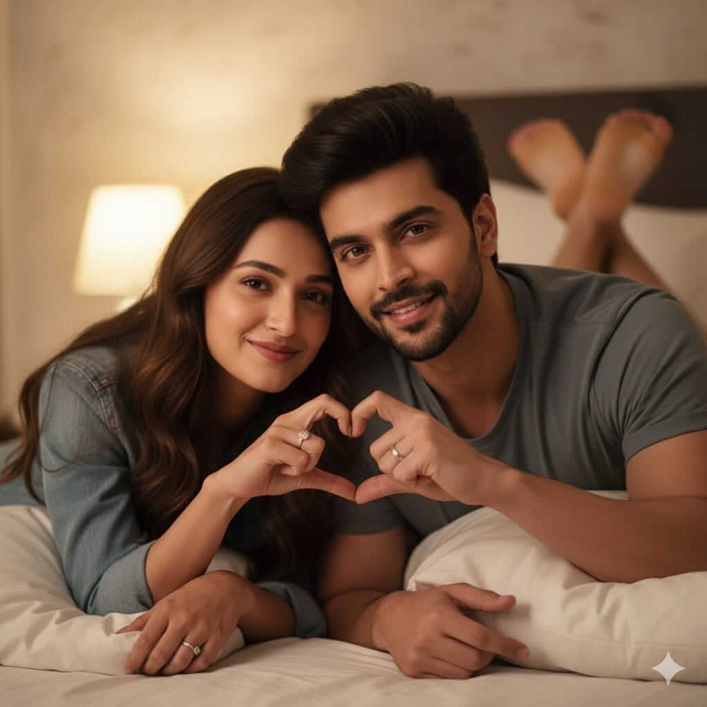 Couple lying on pillows making a heart with fingers, faces exactly as in photos