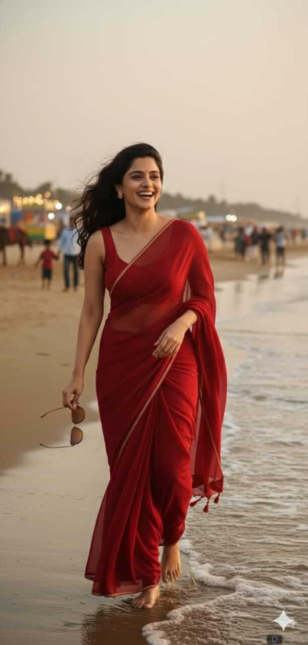 Barefoot on Puri beach at dusk, laughing in red saree with amber sunglasses, playful vibe