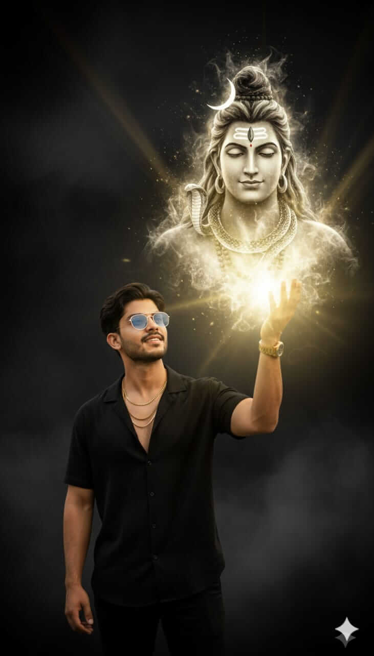 Cinematic portrait of boy in black shirt raising hand with glowing Lord Shiva aura forming from it, exact face preserved