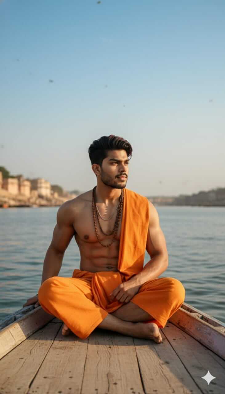 Ultra-realistic full-body portrait of young man in saffron dhoti meditating on a boat at Indian ghats