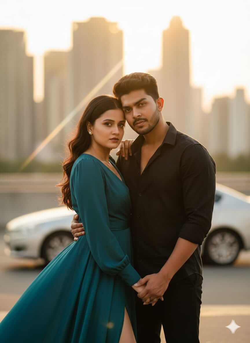 Urban Elegance: Intimate Couple Portrait with City Skyline and Dreamy Cinematic Glow