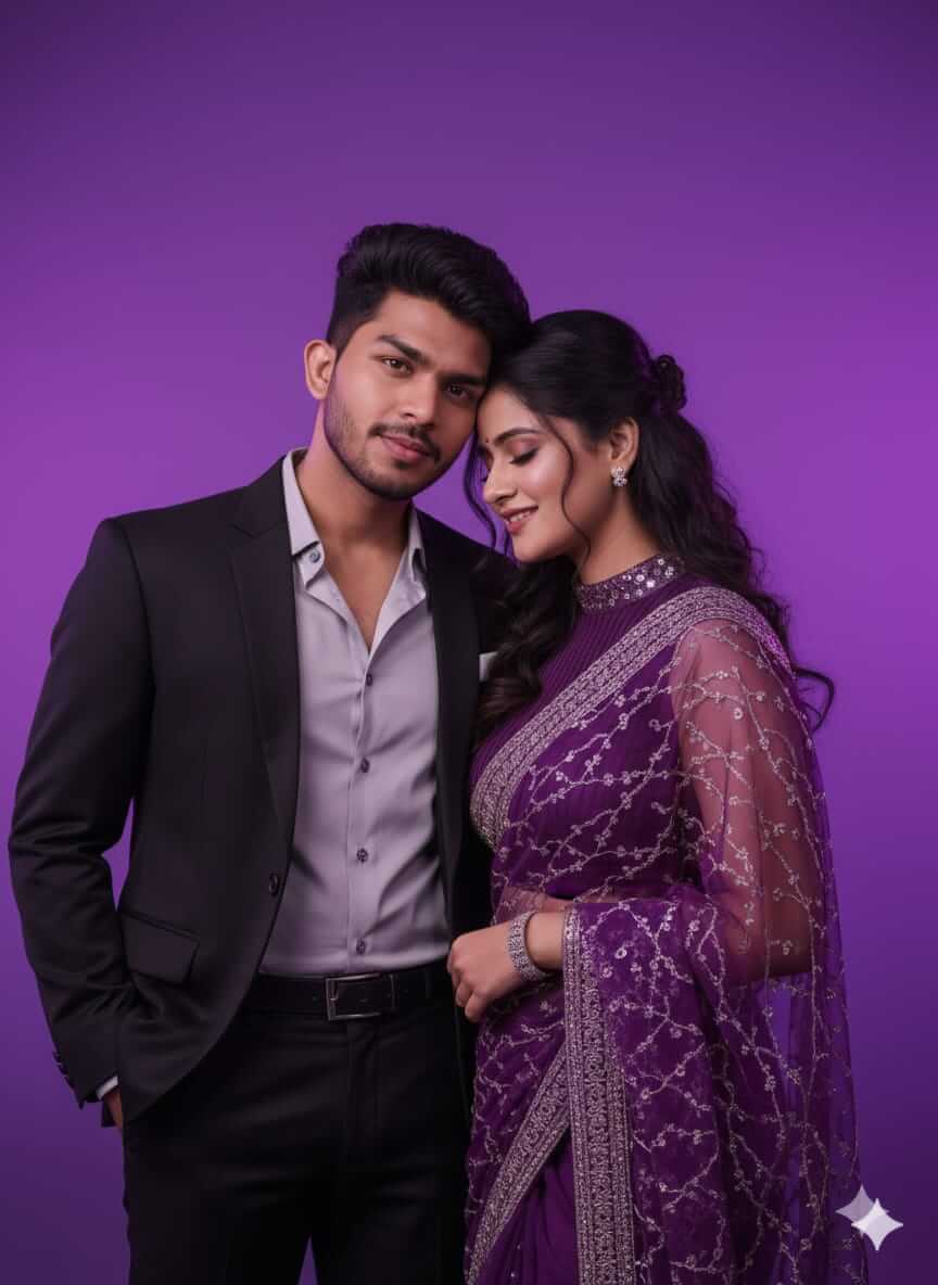 Cinematic 8K close-up portrait of an Indian couple in intimate, romantic pose against a vibrant purple background