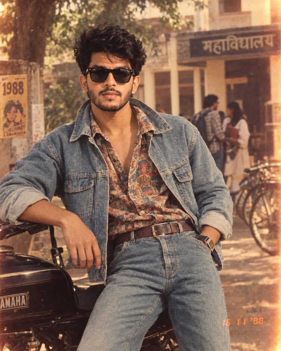 Authentic 1988 Indian Vintage Portrait with Retro Fashion, Voluminous Hair and Film Grain