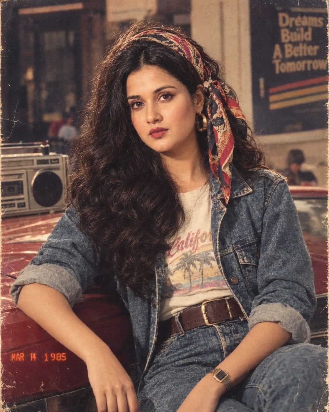 Authentic 1980s Portrait with Iconic Scarf, Retro Fashion, Film Grain and Vintage Atmosphere