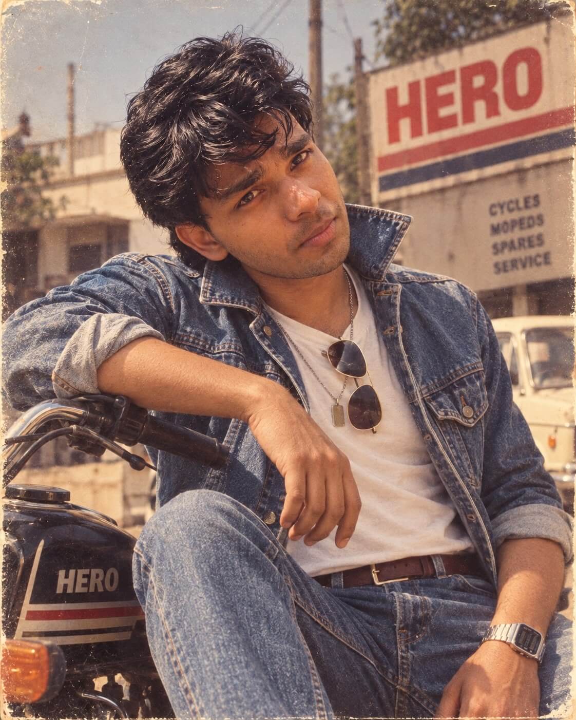 1980s Bollywood Hero – Vintage Motorcycle Cinematic Transformation
