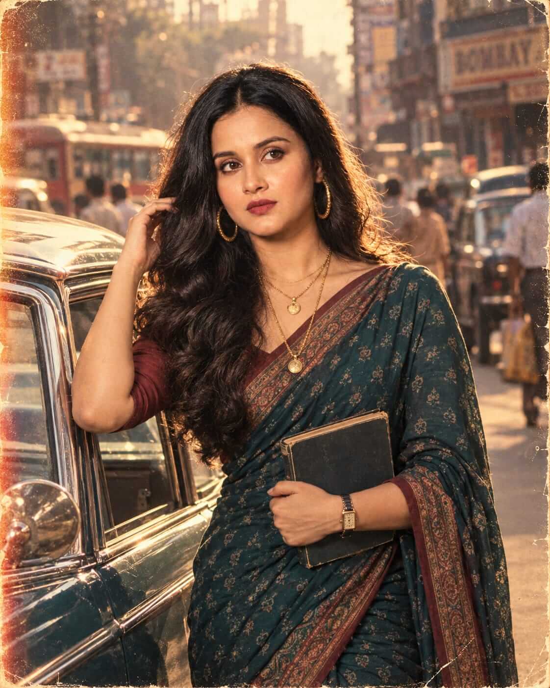 1980s Bollywood Woman Beside Vintage Car – Cinematic Saree Portrait
